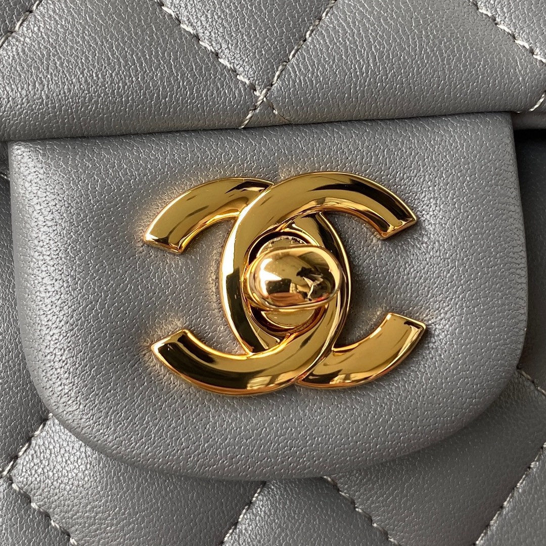 Ch*el small classic handbag grained shiny calfskin & gold-tone metal gray 5.7 × 9 × 2.3 in