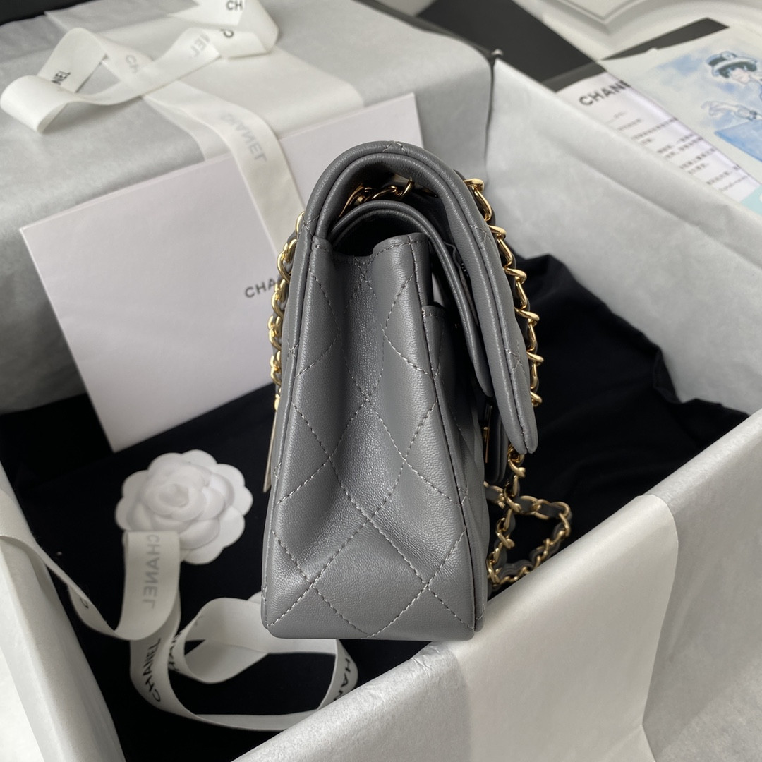 Ch*el small classic handbag grained shiny calfskin & gold-tone metal gray 5.7 × 9 × 2.3 in