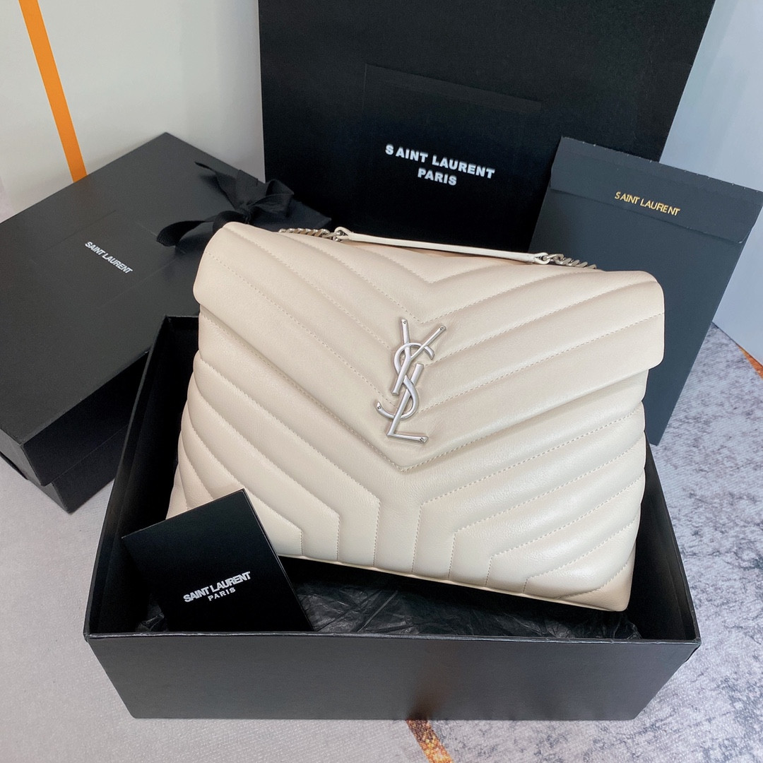 Y*L loulou medium in quilted leather blanc vintage silver 12.5 x 8.6 x 3.5 inches