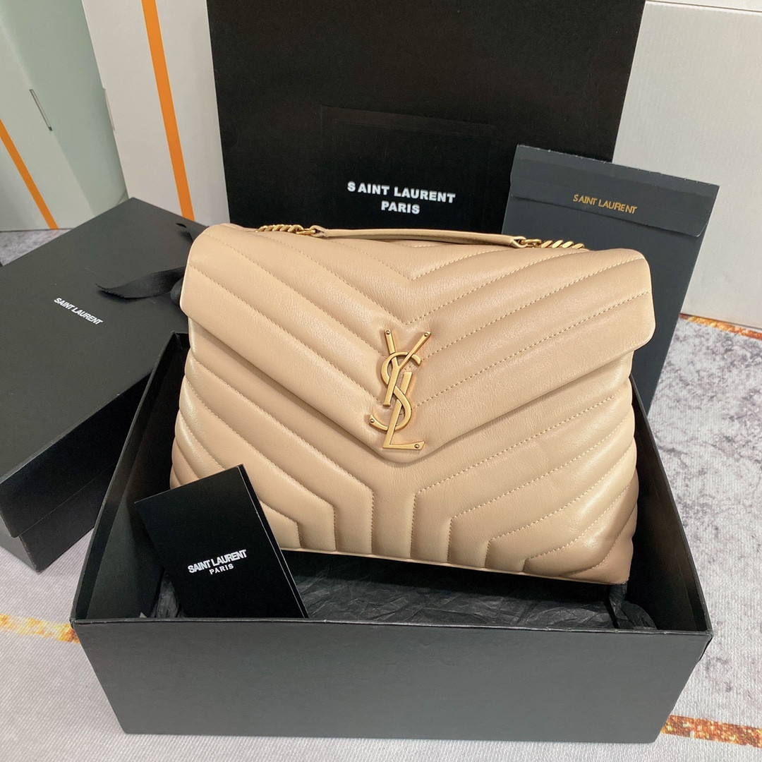 Y*L loulou medium in quilted leather dark beige 12.5 x 8.6 x 3.5 inches