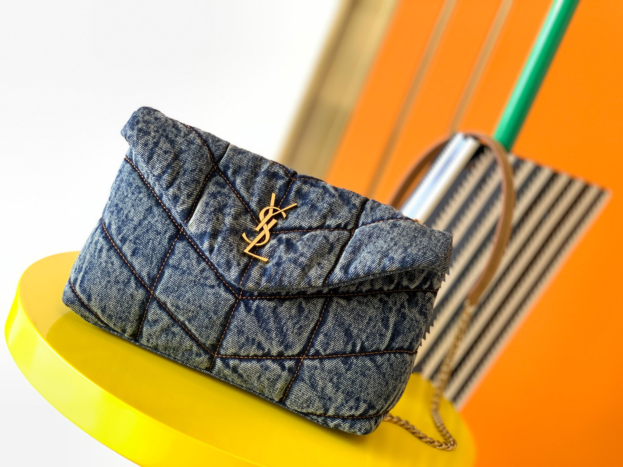 y*l puffer in suede and De*1m rodeo blue 23 x 15.5 x 5.8 cm