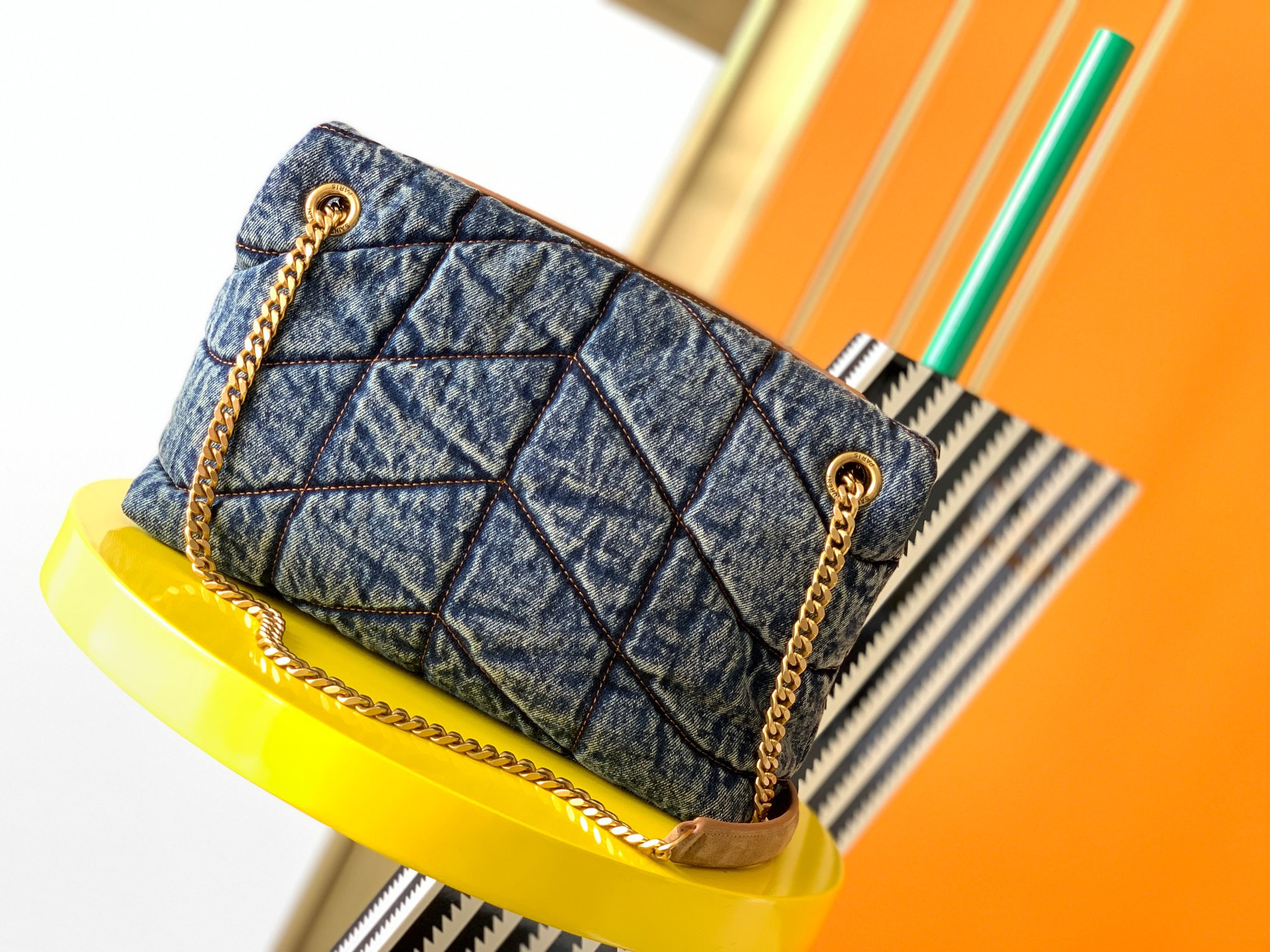 y*l puffer small in suede and De*1m rodeo blue 11.4 x 6.6 x 4.3 inches