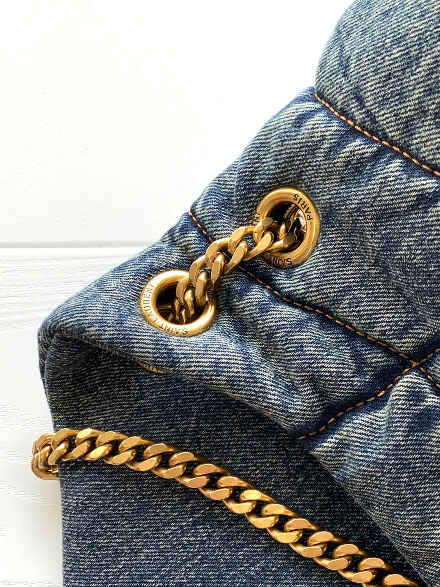 y*l puffer small in suede and De*1m rodeo blue 11.4 x 6.6 x 4.3 inches