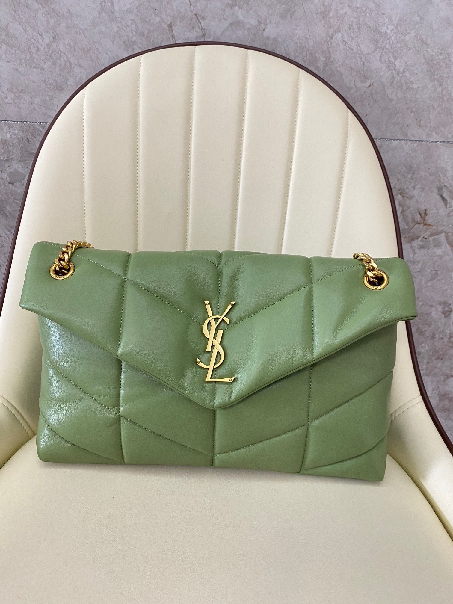 Y*L puffer medium in nappa leather light green 13.7 x 9 x 5.3 inches