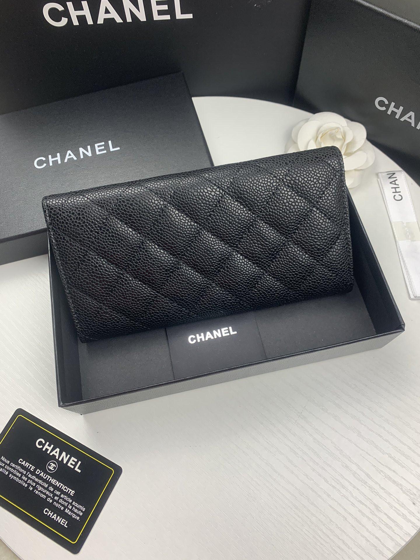 Ch*el flap wallet grained leather black gold 19.5 x10 cm