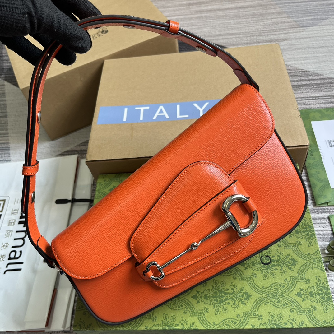 G*u*i horsebit 1955 small shoulder bag orange 10.4"w x 6.7-4.1"h x 3.1-1.6"d
