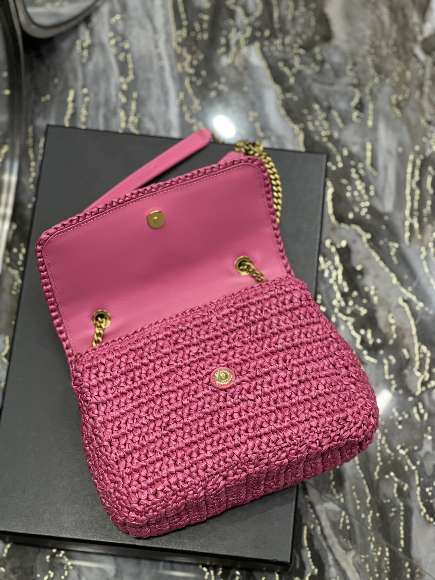 Y*L niki chain bag in raffia and leather 22×16.5×12 cm