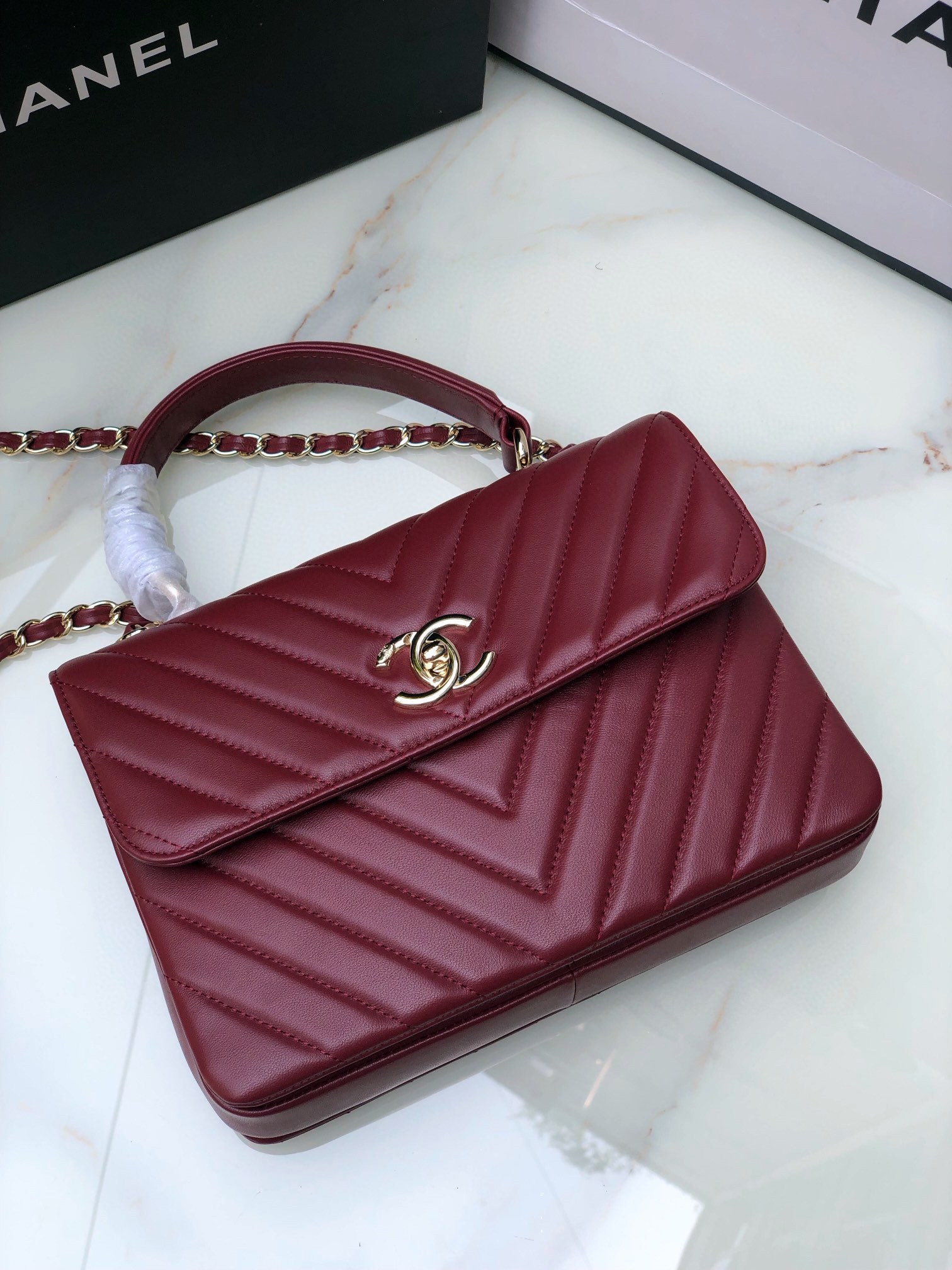 Ch*el flap bag with top handle red 6.6 × 9.8 × 4.7 in