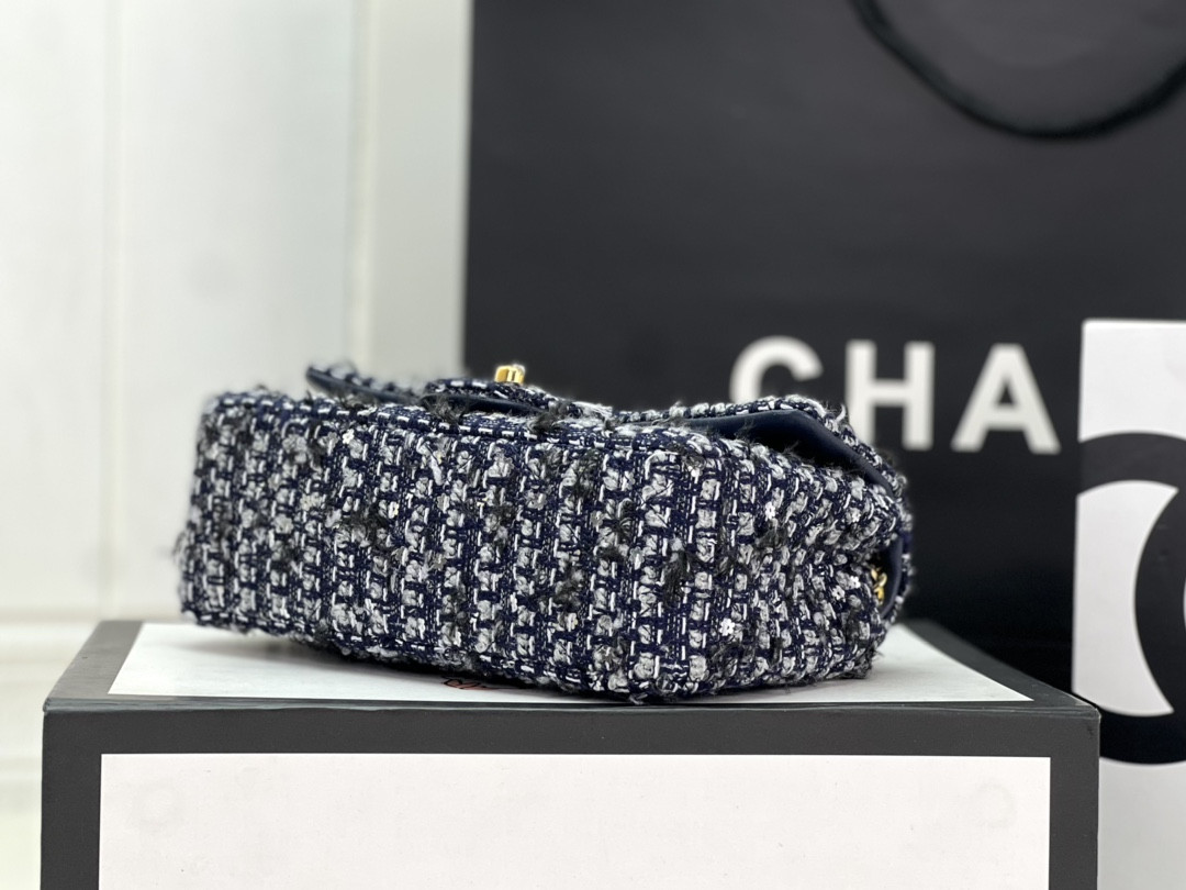 Ch*el mini classic 11.12 handbag tweed & gold-tone metal 4.7 × 7.8 × 2.3 in