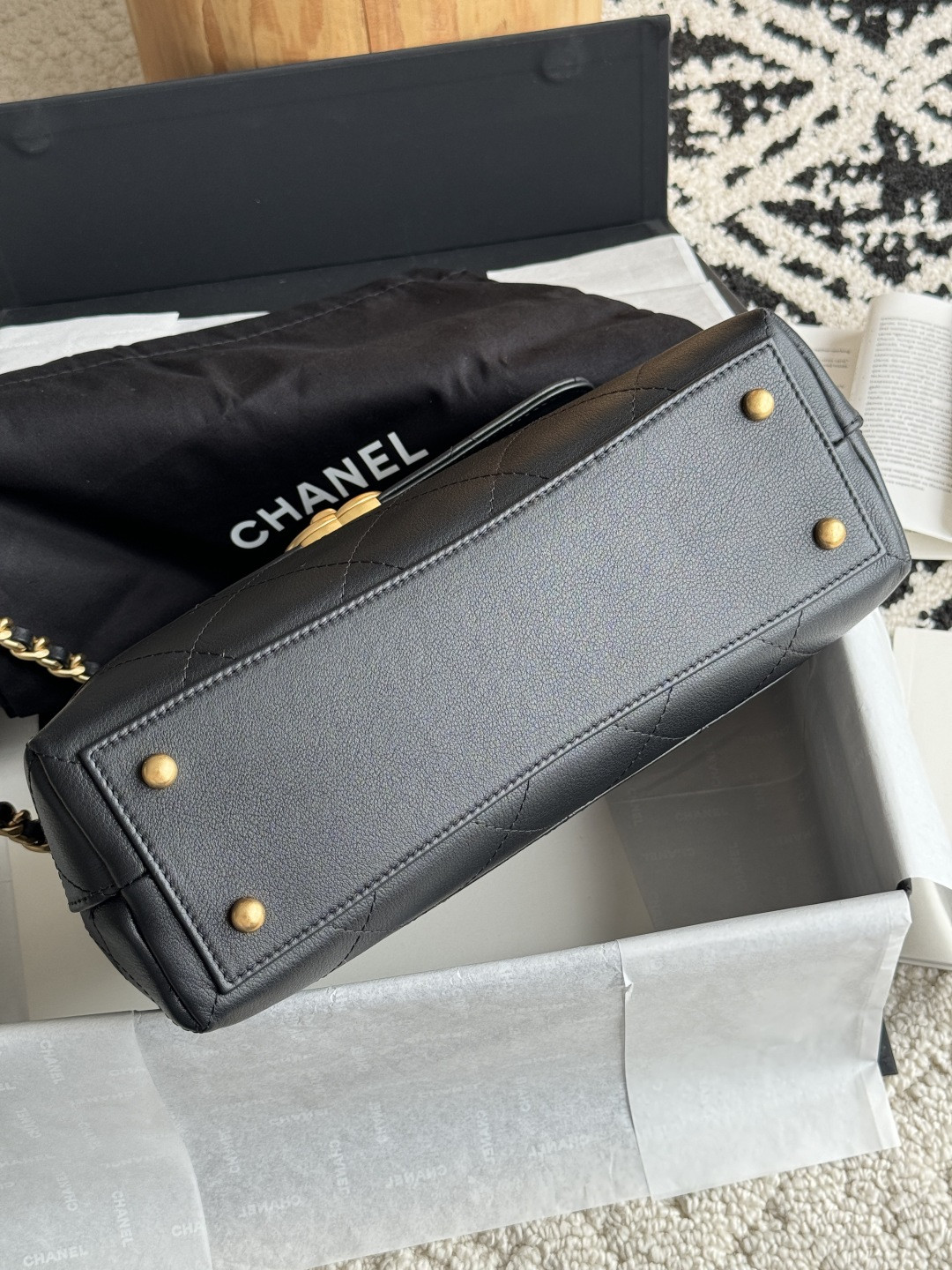 Ch*el large flap bag with top handle calfskin 20.5x28x9.5cm